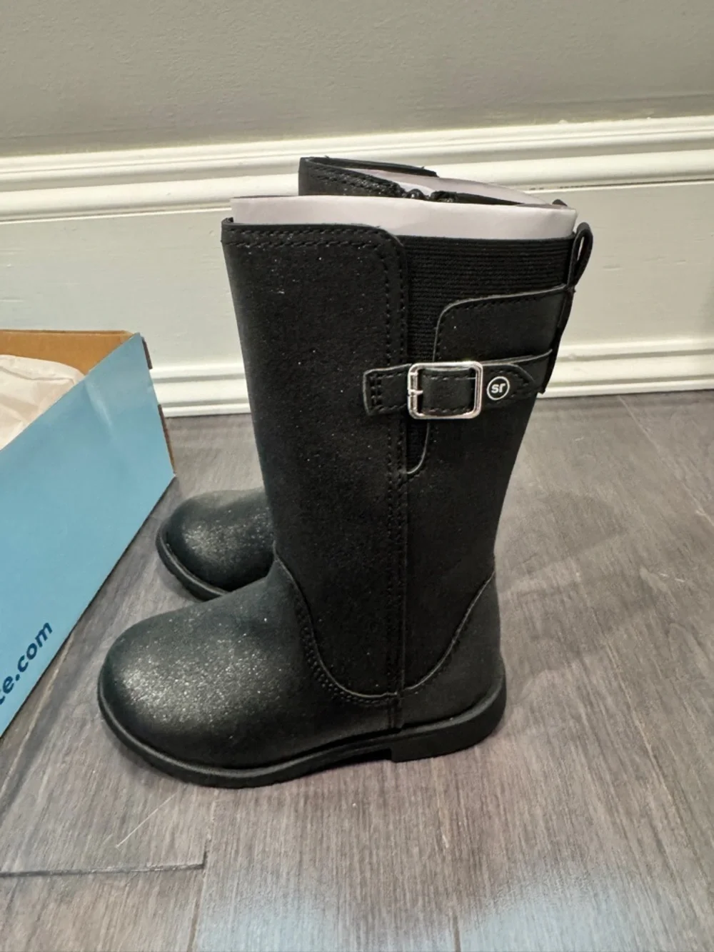 NWT Stride Rite Toddler 7W Girls' Black Sparkle Mid-Calf Buckle Boots Shoes
